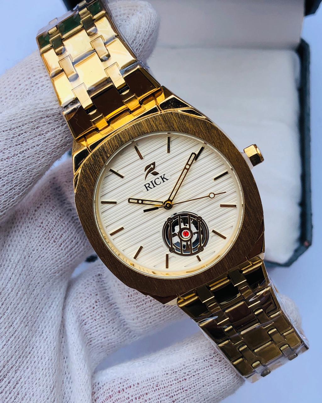 RICK Luxury Gold Stainless Steel Watch – Black Dial | Article No: RK-26 | 1 Year Warranty