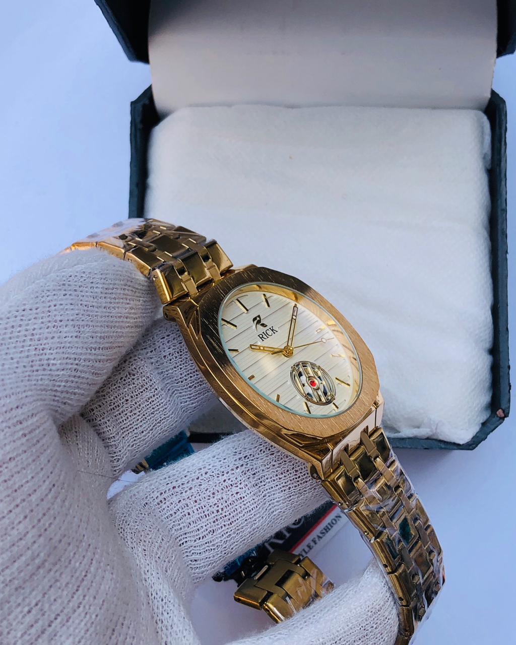 RICK Luxury Gold Stainless Steel Watch – Black Dial | Article No: RK-26 | 1 Year Warranty