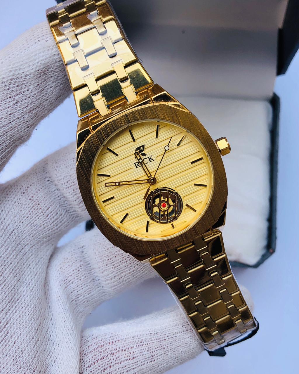 RICK Luxury Gold Stainless Steel Watch – Black Dial | Article No: RK-26 | 1 Year Warranty