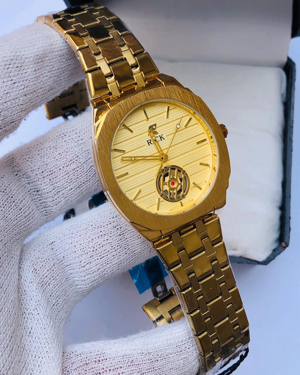 RICK Luxury Gold Stainless Steel Watch – Black Dial | Article No: RK-26 | 1 Year Warranty