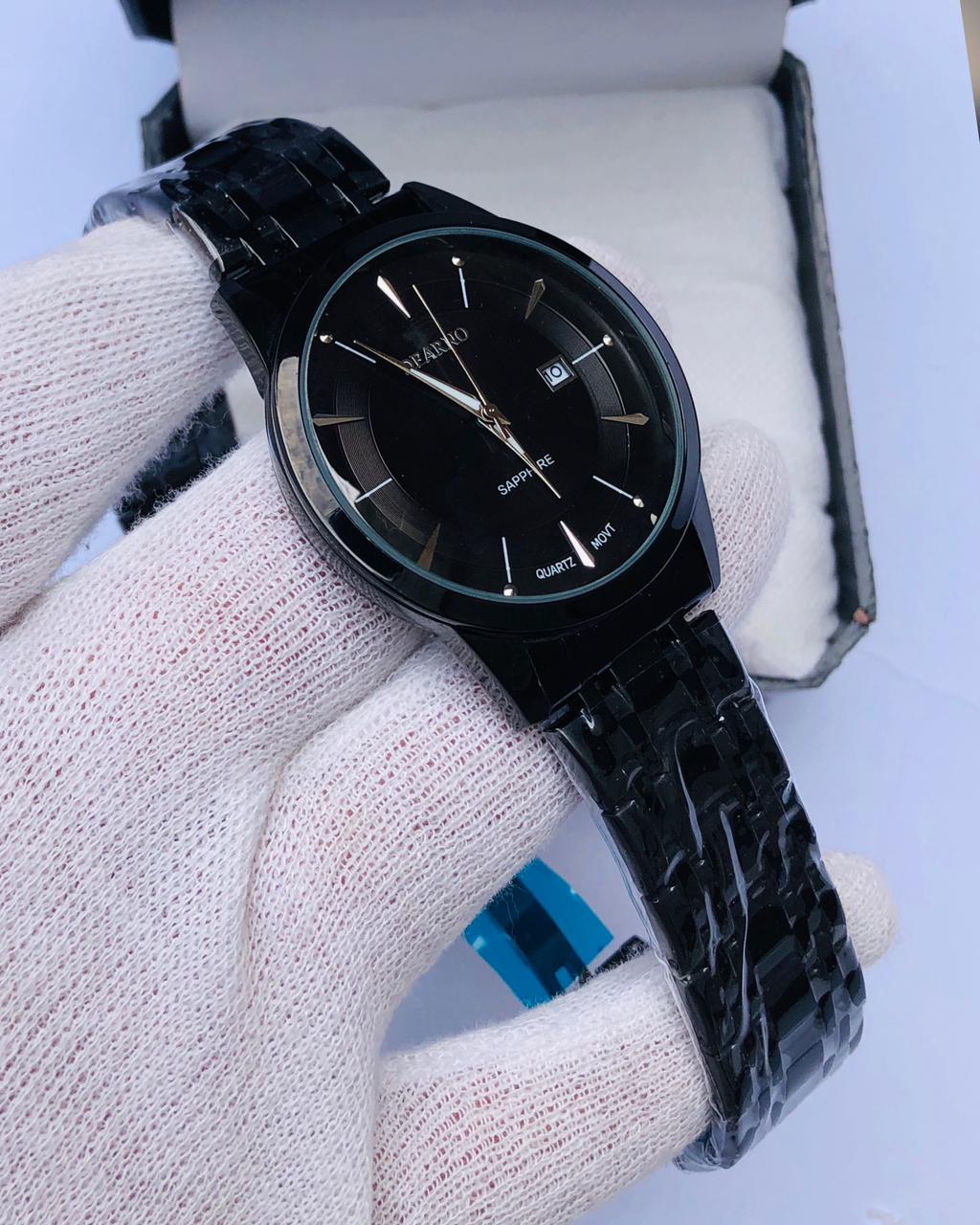 DEARNO Luxury Black Quartz Watch for Men – Sapphire Glass, Stainless Steel Strap