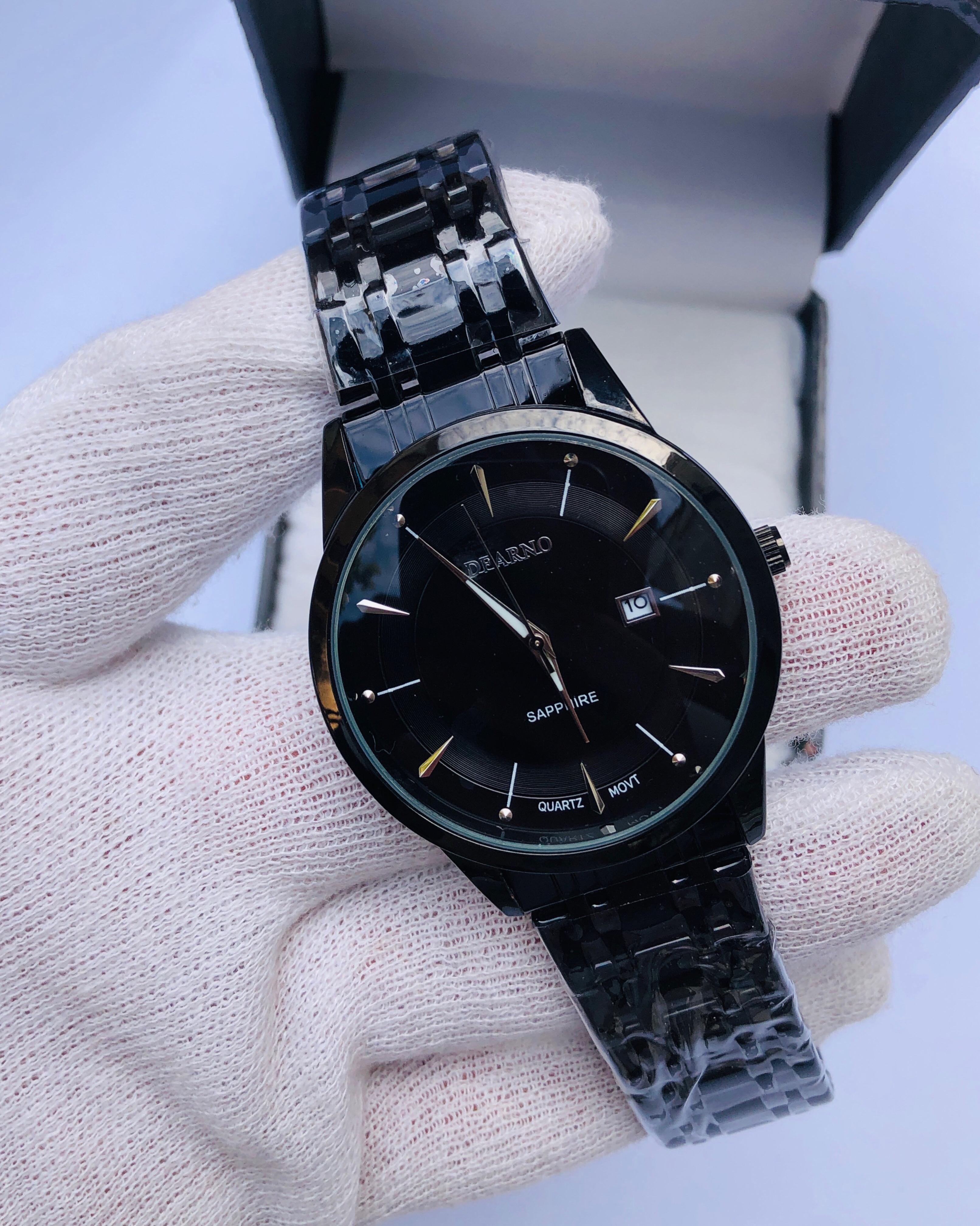 DEARNO Luxury Black Quartz Watch for Men – Sapphire Glass, Stainless Steel Strap